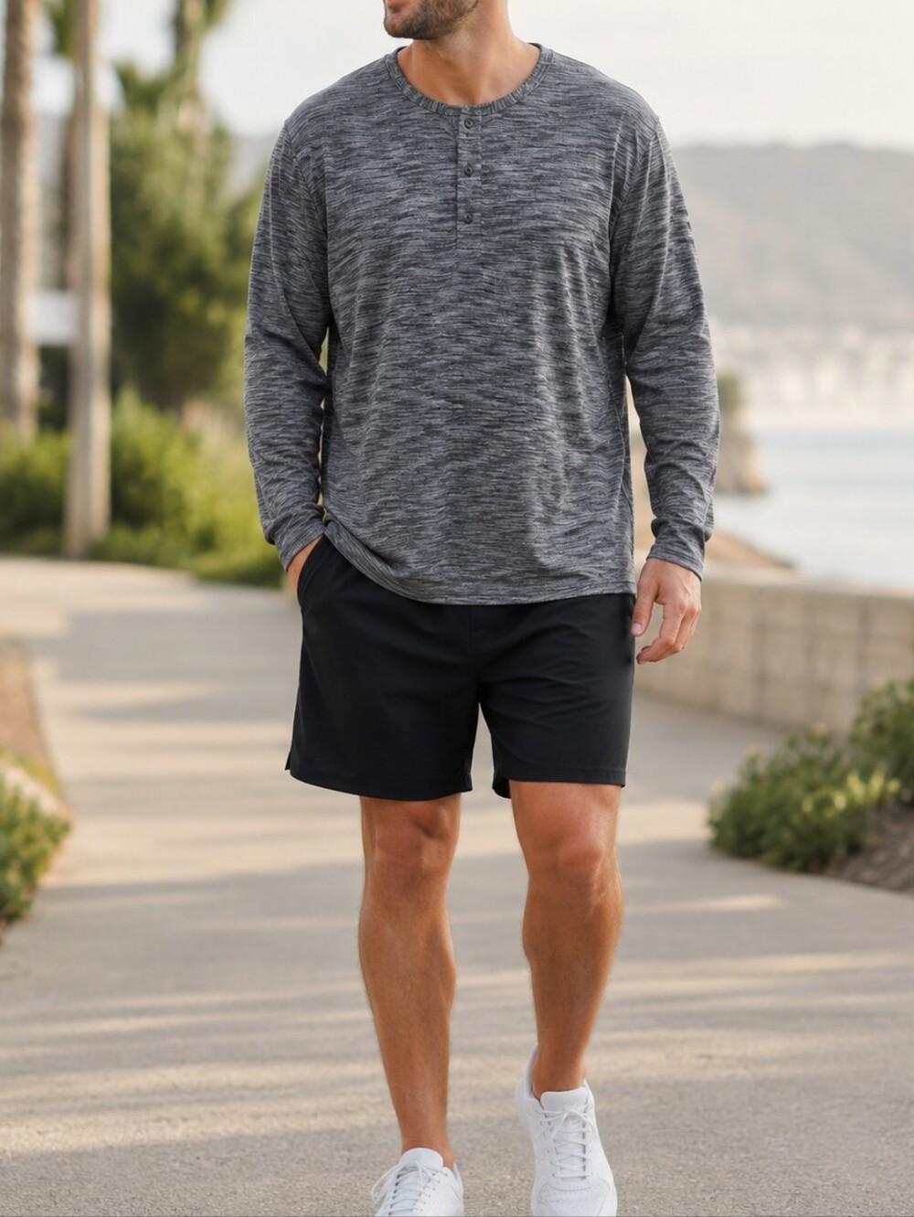Lululemon Athletica Men's Gray Marled Long Sleeve Henley Performance Casual